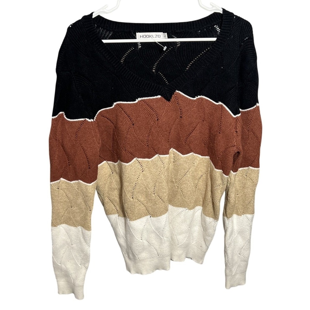HOOKLZO Women's Colorblock Knit‎ Sweater Size L Black Brown Tan White Pullover